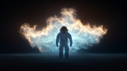 Wall Mural - Astronaut standing in a glowing, ethereal light against a dark background.