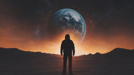 Wall Mural - Silhouette of an astronaut standing on an alien planet with a large moon in the background.