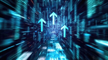 Poster - Dynamic Visualization of Data Flow with Vibrant Blue Arrows Depicting Upward Movement in a Digital Environment Representing Growth and Progression