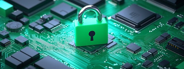 Poster - Conceptual illustration of a secure connection or cybersecurity service using a computer motherboard and lock with logos and credentials in a large banner with copyspace - Stock Image