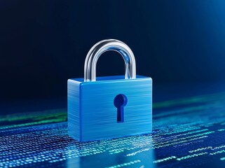 Poster - Symbol of security: blue padlock opened on a digital background