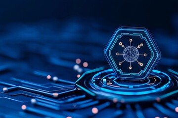 Poster - Anatomies and molecules in a carbon nanotube tunnel on a blue background, representing nanotechnology, molecular structure, and science concept