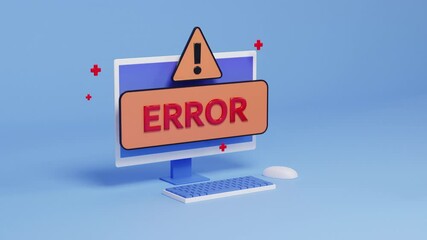 Computer monitor with error sign on screen. 3d render animation. Exclamation mark, warning sign pops up. Internet hacking, bags, virus, cyber attack alert. Malware or antivirus concept