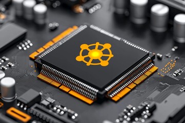 Poster - hand holding a circuit board that houses a quantum supercomputer cpu and a chip set of internet of t