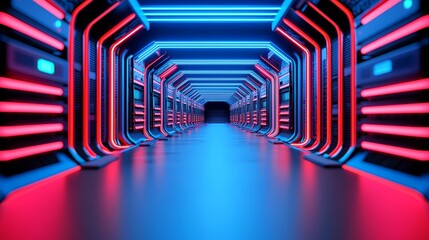 Poster - The modern data center server racks in the dark, a concept for the Internet of Things, and a warehouse full of complex electric equipment.