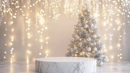 Poster - A stunning Christmas tree adorned with white ornaments and warm lights stands next to a marble pedestal.