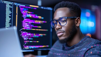 Poster - black it specialist with laptop computer working on a website, software engineer develops apps, prog
