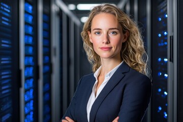 Poster - an engineer working in a server room at a modern data center