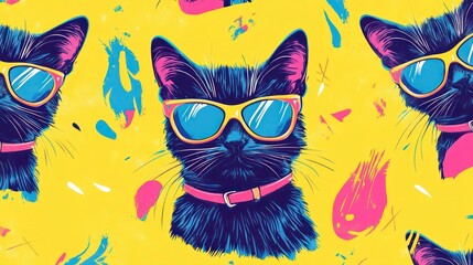 Poster - A seamless pattern featuring a cool black cat wearing sunglasses on a bright yellow background.