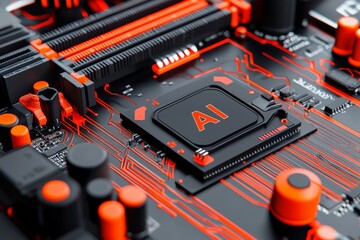 Poster - ai processor chip on a motherboard, computer chip ic on a pcb, board cpu processor, data, ai computi