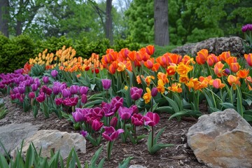 Wall Mural - A bunch of vibrant tulips blooming and thriving in the dirt, Vibrant tulips swaying in the wind