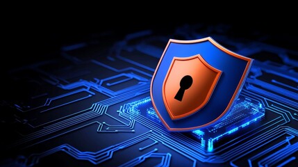 Poster - Dark blue background of an abstract binary code containing cyber security technology shield protection connections big data