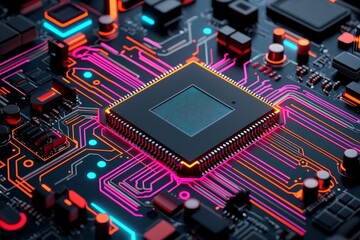 Poster - Computer circuit board with Cyperpunk futuristic light background. Technology and innovation. Blue pink purple violet yellow orange colors.