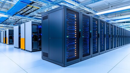 Poster - VFX visualization of modern Data Center Server Racks in a Dark Room. Digitalization of Internet Traffic, Data Flow, Power Equipment Warehouse.