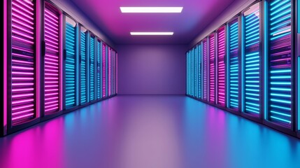 Poster - Server racks at modern data center working in dark facility. Internet of Things, big data protection, storage, cryptocurrency farm, cloud computing. 3D rendering of cryptocurrency miners.