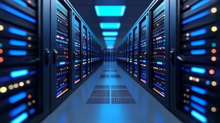 Poster - An architecture concept of Internet of Things, data flow and digitalization of internet traffic is visualized in a dark room. A complex electric equipment warehouse is seen with VFX.