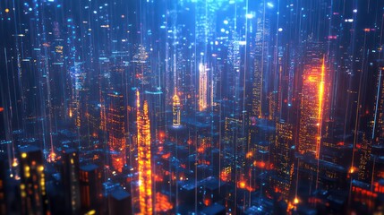 Poster - City skyline with illuminated highways and digital network connections at dusk.