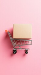 Aufkleber - Miniature shopping cart carrying a cardboard box on a vibrant pink background, representing online shopping, e commerce, and delivery concepts