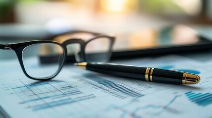Poster - Close-up of a black pen and glasses on financial graphs, symbolizing analysis and business strategies.