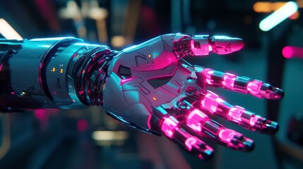 Poster - A futuristic robotic hand with glowing pink lights reaches out in a welcoming gesture.