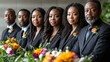 © Vitalii But - diverse group funeral service professionals elegant black attire stand together stylish lobby showcasing unity and commitment excellence their solemn roles.