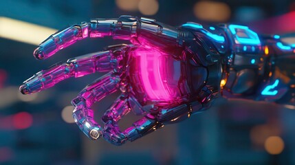 Poster - Close-up of a robotic hand with glowing pink and blue lights, reaching out in a gesture of connection