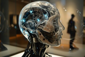 Poster - Glass head with clock mechanism visible inside, showcasing a blend of art and timekeeping, Visualizing the evolution of intelligent machines