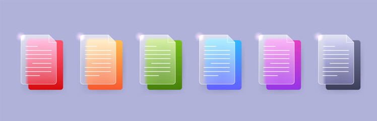 Glass morphism document file icon set in various color. Vector business paper element illustration