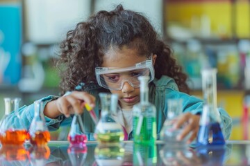 Poster - A young girl wearing a lab coat and goggles in a scientific setting, Visualizing the importance of hands-on learning in STEM fields