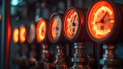 Poster - Close-up of vintage pressure gauges with glowing red lighting, showcasing intricate dials and knobs in a retro industrial setting.