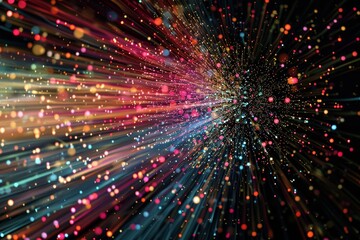 Poster - Dynamic abstract background featuring vibrant lines and dots in varied colors and patterns, Visual representations of data packets in motion