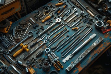 Poster - Collection of various tools neatly placed on a table, Visuals of tools and equipment used in various industries