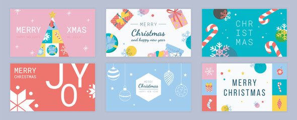 Poster - Merry Christmas cover template for social media. Xmas greeting cards with abstract fir trees with seasonal holiday symbols, gift boxes, snowflakes, candy canes, hanging toy balls. Vector illustration.