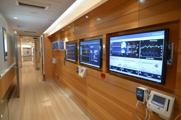 Poster - A long hallway with interactive screens lining the walls, Walls lined with interactive screens displaying real-time patient data and vital signs