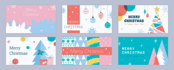 Poster - Merry Christmas cover template for social media. Xmas greeting cards with abstract winter fir tree forest, hanging toys and balls, snowflakes, gifts with holly, holiday prints. Vector illustration.