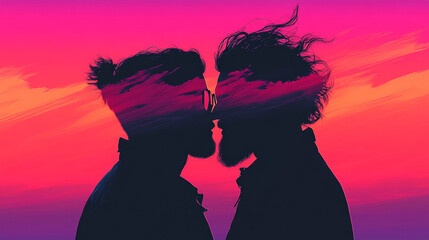 Poster - Silhouettes of two men facing each other against a vibrant sunset.