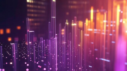 Poster - Abstract glowing digital cityscape with purple and orange lights in the background.