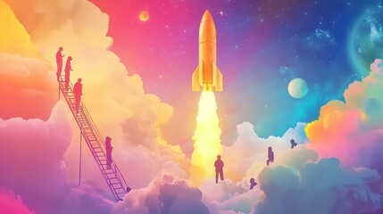 Poster - Colorful illustration of a rocket launching into space, with people observing from clouds and a ladder, showcasing exploration and innovation.