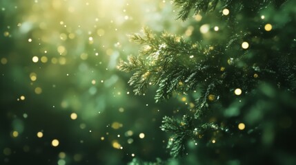 Aufkleber - Evergreen branches glisten with golden lights and soft snowflakes falling gently during a winter evening. The atmosphere radiates warmth and joy, creating a magical holiday setting filled with cheer.