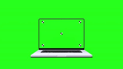 3d render of a laptop reveal and opening on a green background with a green screen with tracking marks with camera zoom