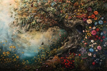 Wall Mural - A vibrant painting of a tree surrounded by a field of colorful flowers, Whimsical interpretations of the healing power of nature