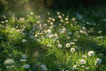 Wall Mural - A field of white daisies and lush green grass under a sunny sky, Wild daisies scattered across a meadow