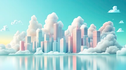 Aufkleber - A pastel-colored cityscape emerges from fluffy white clouds, reflecting in a serene body of water, with a sky filled with light, airy clouds.