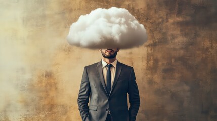 Poster - A businessman with a cloud covering his head, against a brown background.