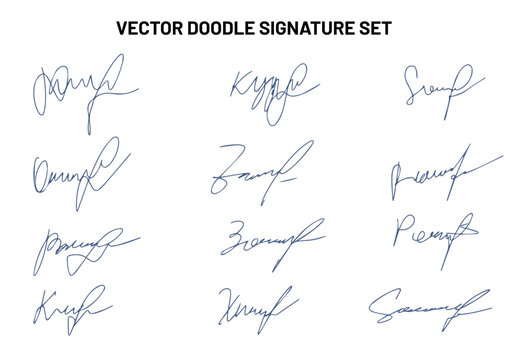Set of autograph fictitious, handwritten fake signature. Isolated doodle on white background, vector illustration