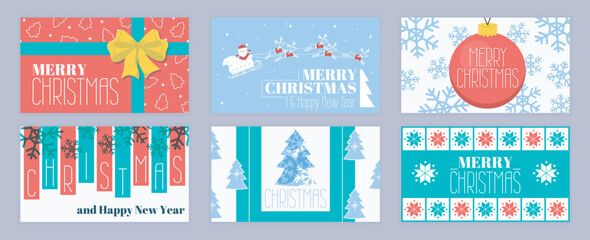 Poster - Merry Christmas cover template for social media. Xmas greeting cards with gift with ribbon bow, Santa Claus in sled, hanging ball, snowflakes, abstract pines and holiday patterns. Vector illustration.