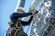 © Iftikhar alam - A man in safety gear is seen working on a turbine machine, performing maintenance tasks, Workers in hard hats and harnesses scale the turbine's towering structure, securing bolts and panels in place