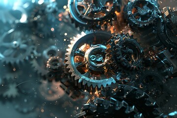 Poster - A detailed close up of a clock mechanism filled with gears and sprockets, showing intricate workings, Working with gears and sprockets to create a dynamic composition