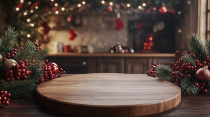 Poster - A wooden tabletop amidst lush greenery and red ornaments creates a cozy Christmas vibe in a warmly lit kitchen adorned with festive decor.
