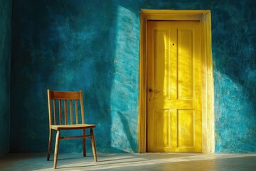 Aufkleber - A simple wooden chair sits in front of a bright yellow door, perfect for interior design or lifestyle photography